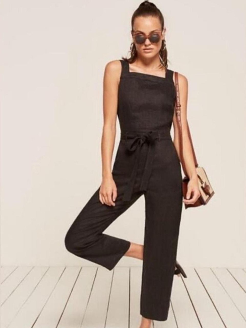 Reformation Black Linen Jumpsuit with Waist Tie